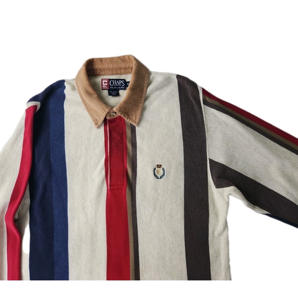 VTG 90s Chaps Ralph Lauren Med Vertical Striped Rugby Shirt Tan Corduroy Collar